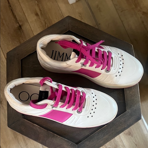 🛑 1 hour sale. Jimmy Choo, size 38 EU Hawaii Leather Strip Pink/ White Athletic - Picture 4 of 16